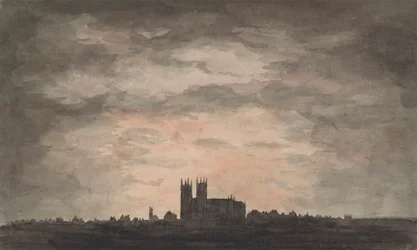 Eine große Kirche (Westminster Abbey) bei Sonnenuntergang