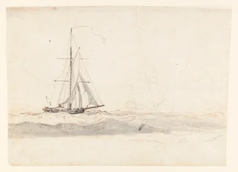 Ein Kutter vor dem Wind mit einem Schiff in der Ferne