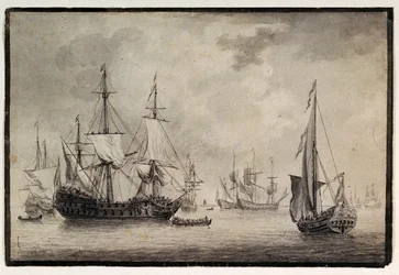 Niederländisches Kriegsschiff, Staatsyacht und ferne Schiffe in einem Hafen, spätes 18. Jahrhundert