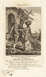 Miss Ann Brown und Mr. George Mattocks in den Rollen von Miranda und Ferdinand in einer Opernversion von William Shakespeares Der Sturm, Covent Garden Theatre