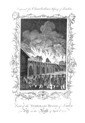 Ansicht der provisorischen Brücke von London in Flammen, 1758
