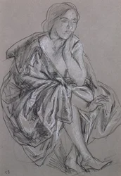 Studie einer sitzenden Frau, Sitzende Frau drapiert (Kreide auf Papier)