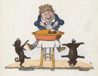 Junge isst einen Kuchen, während sein Haustierhund akrobatische Kunststücke vorführt (farbige Gravur)