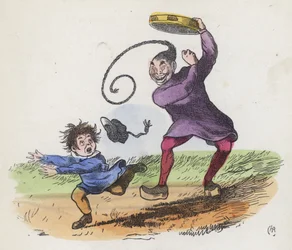 Junge, der von einem Chinesen mit Tamburin erschreckt wird