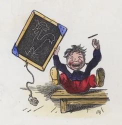 Junge mit einem Bild eines Hahns auf einer Tafel