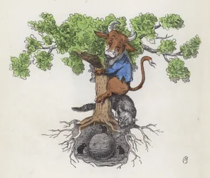 Kuh auf einem Baum über einer Katze, die Mäuse jagt, die Käse essen (farbige Gravur)