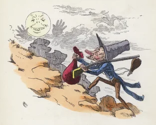 Mann, der einen Hügel hinaufklettert, um auf den Mond zu schießen