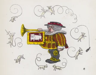 Stadtausrufer bläst eine Trompete, umgeben von Hunden mit lockigen Schwänzen