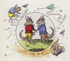 Zwei Hunde in Tudor-Kostümen bei einem Spaziergang an einem windigen Tag mit zusammengebundenen Schwänzen, um nicht weggeweht zu werden (farbige Gravur)