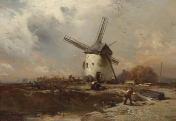 Landschaft mit Windmühle und dekorativen Figuren