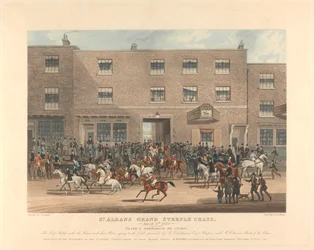 Steeplechasing [Satz von sechs]: St. Albans Grand Steeple Chase. / 8. März 1832. Platte 1. Vorbereitung zum Start ...