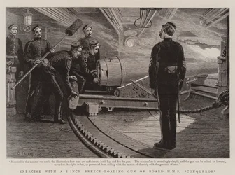 Übung mit einer 6-Zoll-Hinterladerkanone an Bord der HMS Conqueror
