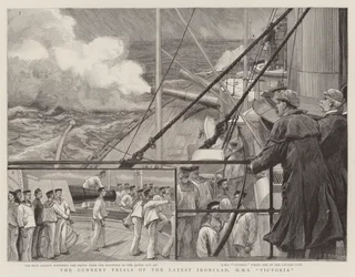 Die Schießversuche des neuesten Panzerschiffs, HMS Victoria
