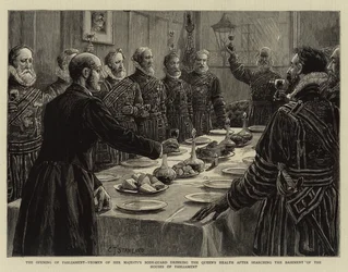 Die Eröffnung des Parlaments, Yeomen der Leibgarde Ihrer Majestät trinken auf die Gesundheit der Königin nach der Durchsuchung des Kellers des Parlamentsgebäudes