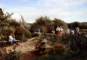 Im Garten. In einem Garten sitzt ein kleines Mädchen auf einer Bank und gibt Küken Samen. Gemälde von Charles James Lewis (1830-1892 Britisch) Privatsammlung