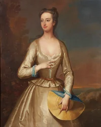 Dreiviertelporträt einer Dame in Weiß mit Strohhut