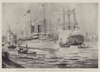 Der Besuch des deutschen Kaisers, Ankunft der Hohenzollern im Hafen von Portsmouth, Nelsons Flaggschiff Victory salutiert den Kaiser