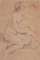 Eine Nymphe, die sich auf ein Füllhorn stützt, und Nebenskizzen ihrer Hände, eine hält einen Apfel