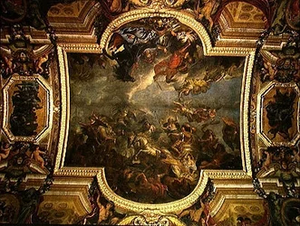Ansicht des Königs, der Maastricht in dreizehn Tagen im Jahr 1673 einnimmt und den Rhein in Anwesenheit der Feinde im Jahr 1672 überquert, Deckenmalerei aus der Galerie des Glaces
