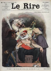 Emile Loubet - Freie Präsidentenrenten - Herr Loubet - Es ist schwer, ihre Überzeugungen in meine Haut zu bekommen! - (Charles Leandre (1862-1934) verspottet den Staat, die Kirche und die Armee am Krankenbett von Präsident LOUBET, bedeckt mit maçonischen u