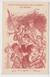 Postkarte, Satirische in Farben: Ligue fraternelle des enfants de France - Krieg von 14-18, Kindheit, Patriotische Tage Illustration von Charles Leandre (1862-1934)