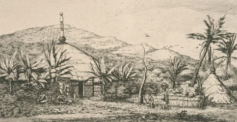 Neukaledonien, Nouvelle Calédonie: große indigene Hütte auf dem Spazierweg nach Poepo, Illustration aus "Etching of the Pacific...", 1863