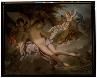 Amor weint über den Verlust von Psyche, deren Porträt er in den Händen hält