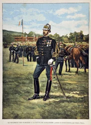Das Feuerwehrregiment hat das Longchamps-Magazin (Porträt von Oberst Couston), Illustration von Charles Morel (1861-1908). Gravur von 1887 in „Paris-Illustrous journal weekly“.