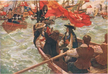 Heimkehr von Charles II, aus Cassells Geschichte des britischen Volkes, veröffentlicht von der Waverley Book Company Limited, ca. 1940