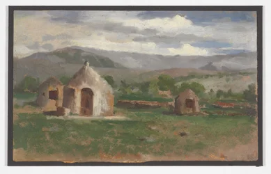 Landschaftsskizze mit primitiven Hütten, Provence