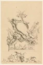 Entwurf für Kartusche mit Krone, zwei Putti, die Bacchus dienen, und zwei Löwen aus "Cartouches Nouvellement Inventez"