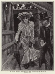 Eine frühe Ankunft, eine Messebesucherin geht zu ihrem Platz