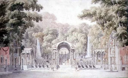 Entwurf für ein Bühnenbild mit einem Venus-Tempel in einem bewaldeten Garten für Gretrys 