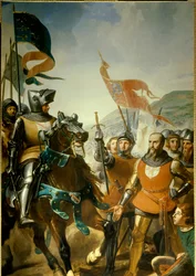 Hundertjähriger Krieg (1337-1453): Detail der „Schlacht von Cocherel, nahe Evreux, gewonnen von Bernard du Guesclin (1320-1380) gegen die Truppen des Königs von Navarra, am 16.05.1364“ Gemälde von Charles Philippe Lariviere (1798-1876) um 1837