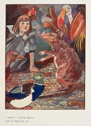 "Ahem!" sagte die Maus mit wichtiger Miene. Alice mit einer Maus und anderen Tieren