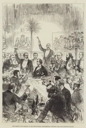 Das Bankett des Carlton Clubs in der Reitschule, Knightsbridge, beim Trinken auf die Gesundheit von Lord Beaconsfield