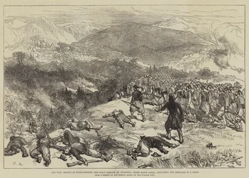 Der Krieg, Schlacht von Kniejesevacz, die Erste Infanteriebrigade unter Hafiz Pascha greift die Serben in einem Wald an