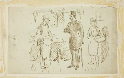 Gentleman mit hohem Hut spricht Metzger an