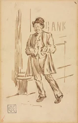Studie eines betrunkenen Mannes vor einer Bank