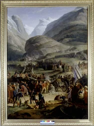 Die französische Armee im Dorf Saint Pierre für die Überquerung des Saint Bernard Passes (frühes 19. Jahrhundert)