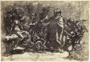 Fotoreproduktion einer Zeichnung von Raffael, Szene mit Soldaten, einer nackten Frau und einem Engel