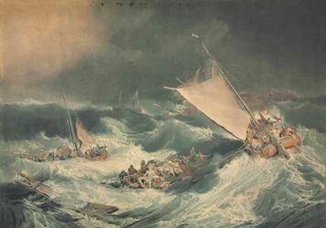 Ein Schiffswrack mit Booten, die versuchen, die Besatzung zu retten