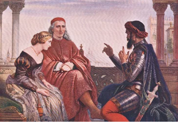 Das Werben um Desdemona (Othello) "Wo ich von den unglücklichsten Zufällen sprach, von bewegenden Unfällen durch Flut und Feld", aus den gesammelten Werken von William Shakespeare, veröffentlicht von J Coker & Co Ltd (Farblithografie)