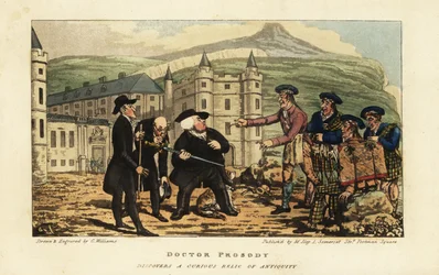 Ein schottischer Maurer informiert englische Touristen, dass ihr rostiges antikes Falchionschwert eine moderne Klinge von Andrea Ferrara ist, vor dem Holyrood Palace, Edinburgh
