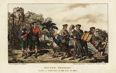 Englischer Tourist in einem Tartankilt trifft einen Clan-Häuptling vor einer mittelalterlichen Burg auf der Isle of Mull, Innere Hebriden, Schottland