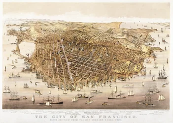 Die Stadt San Francisco, Vogelperspektive von der Bucht nach Südwesten, veröffentlicht von Currier & Ives