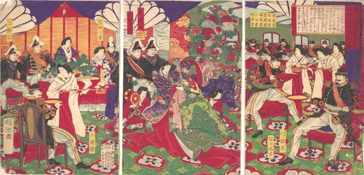 Führer der Befriedung der Kagoshima-Rebellen feiern mit Tassen, 20. September 1877
