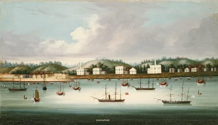 Blick auf Singapur von der Straße mit amerikanischen, französischen und britischen Schiffen, ca. 1850