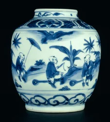Blau-weiße Vase mit Jungen, die auf Steckenpferden spielen, Wanli oder Chongzheng, 1600-30 (Porzellan)
