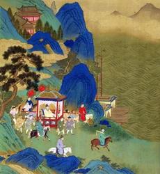 Kaiser Chin Wang Ti (221-206 v. Chr.) reist in einer Sänfte, aus einer Geschichte der chinesischen Kaiser